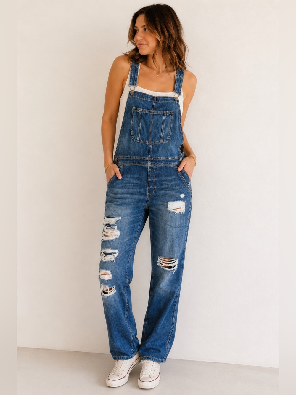 American Eagle Outfitters Distressed Denim Overalls Medium Wash Size L